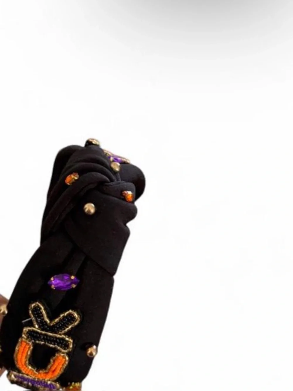 Black Padded Headband with Orange & Purple Beaded Lettering